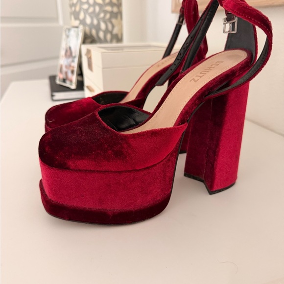 SCHUTZ Burgundy Velvet Platform Sandals with Ankle Tie - Picture 2 of 4